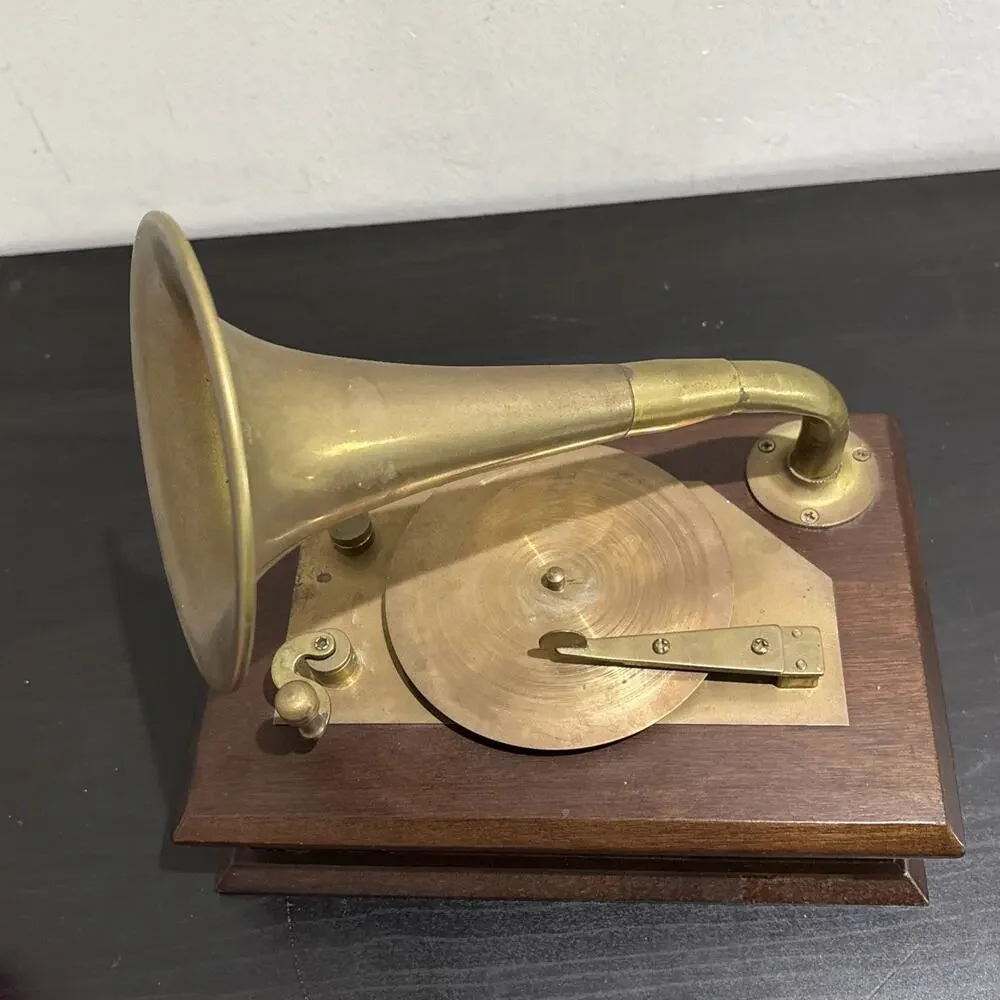 Vintage Gramophone Style Music Box Wood Brass Horn Works Decor Victorian Style